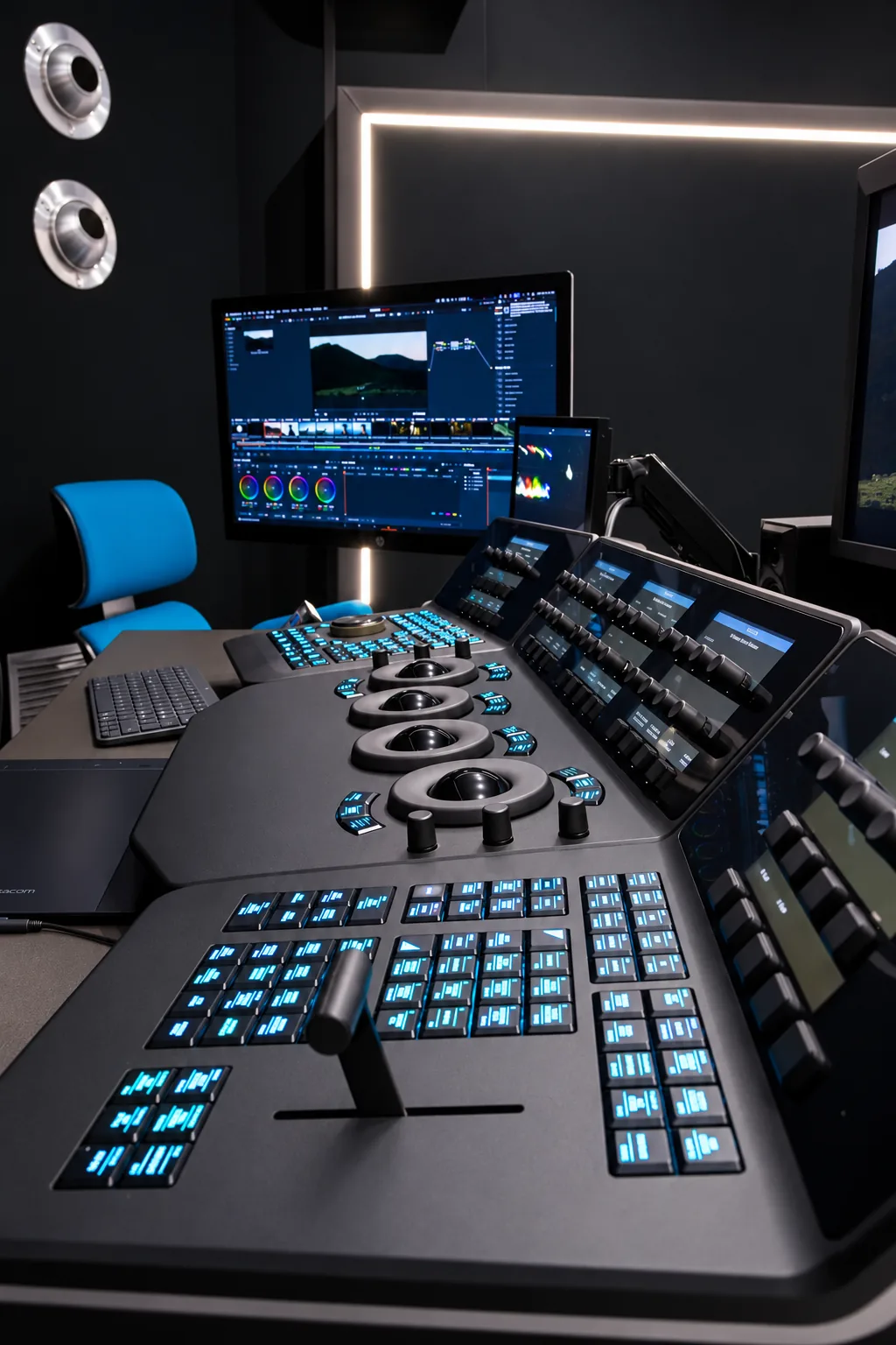 La console di color grading, con i trackball e i tasti illuminati