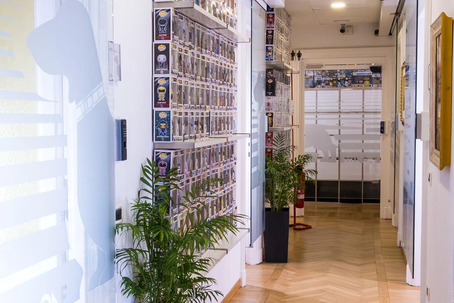Il corridoio dello studio, con il parquet a spina e la parete delle statuette