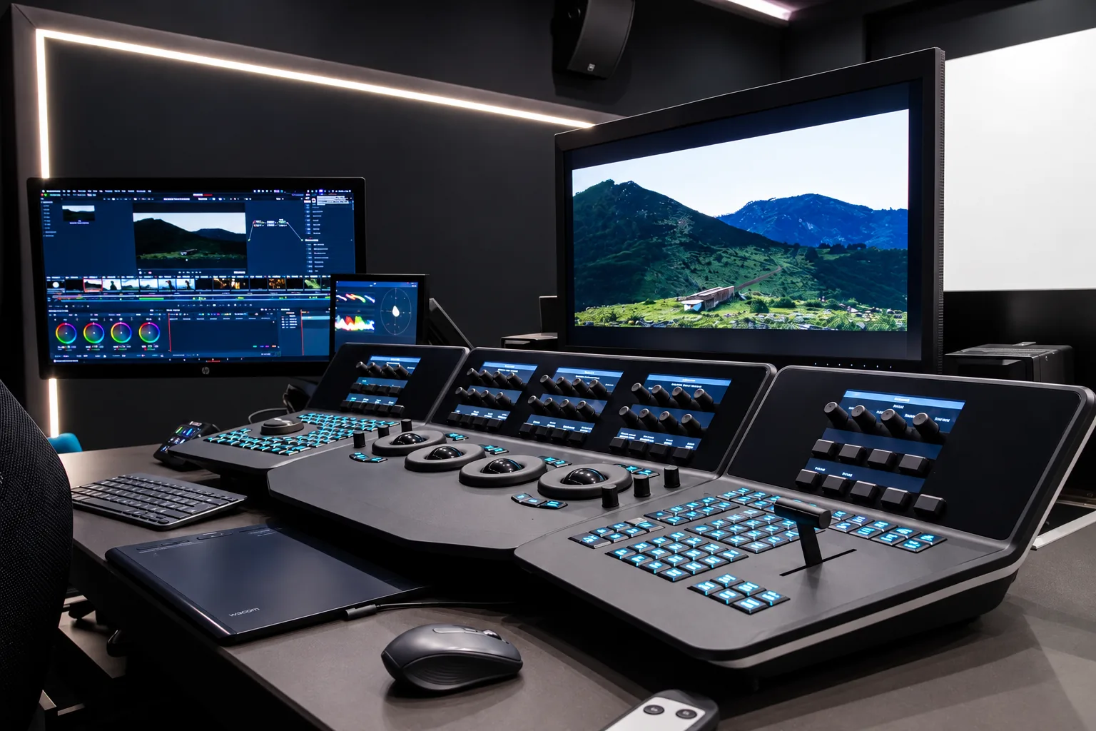La sala di color grading con la console e i monitor di riferimento