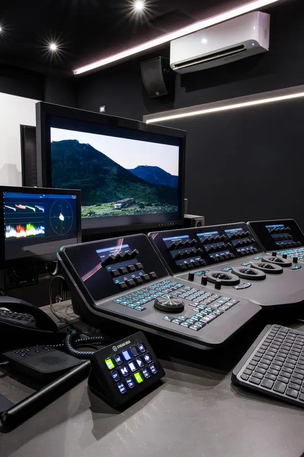Sala di grading con pannello di controllo e monitor di riferimento