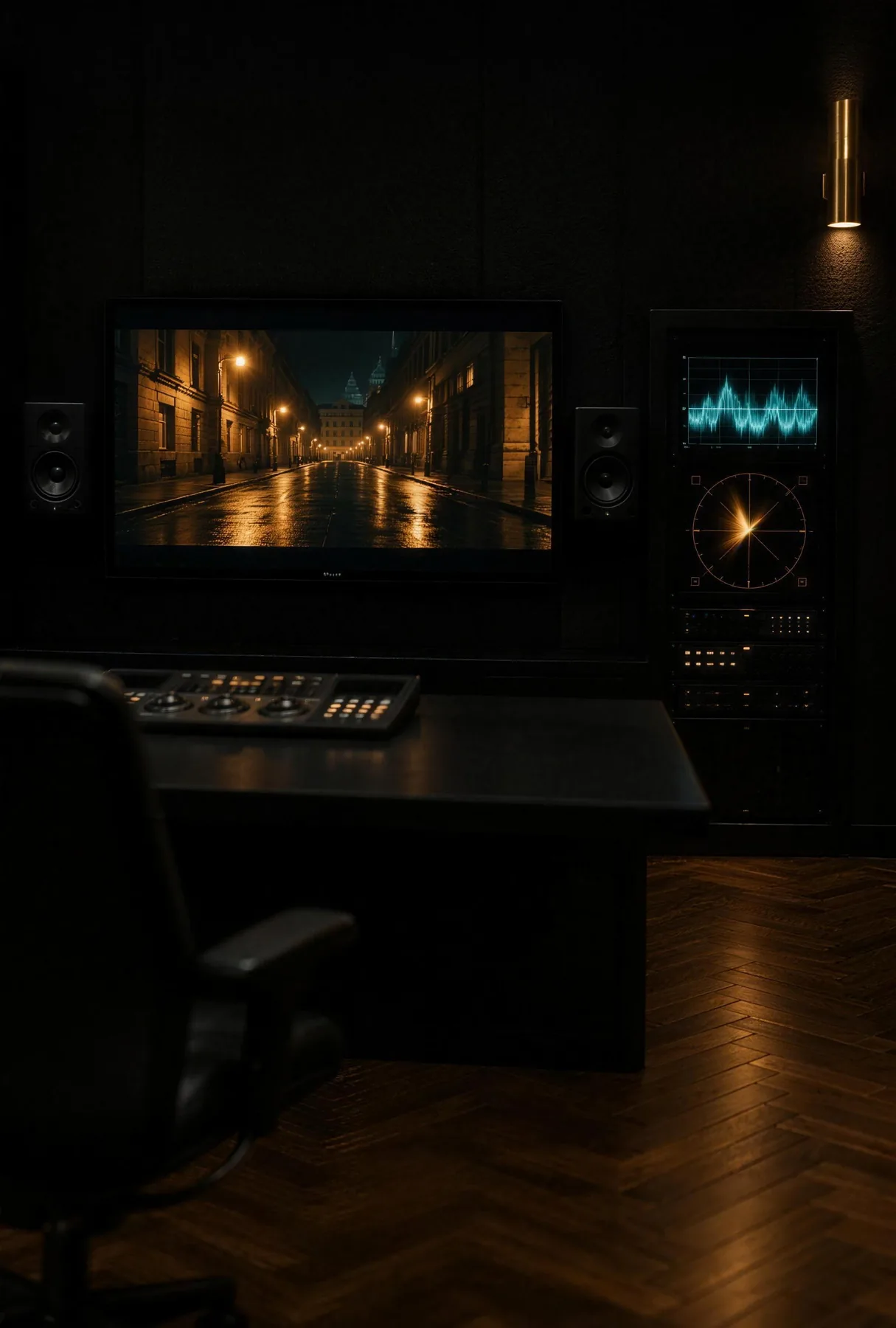 Una sala di controllo qualità: monitor di riferimento, scope e diffusori al buio